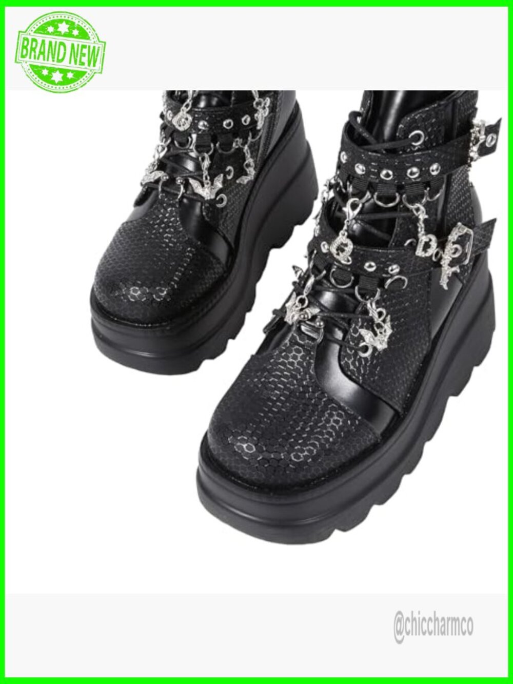 Goth Chunky Ankle Boots with Bat Buckle Platform Zip Lace Up Combat Bootie - Picture 3 of 7